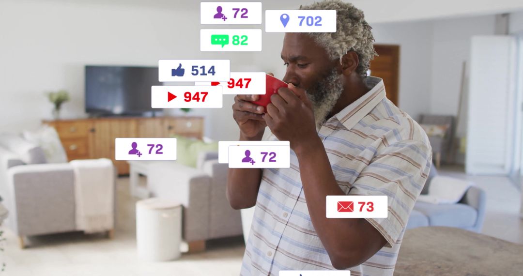 Man Enjoying Coffee Amidst Social Media Icons at Home