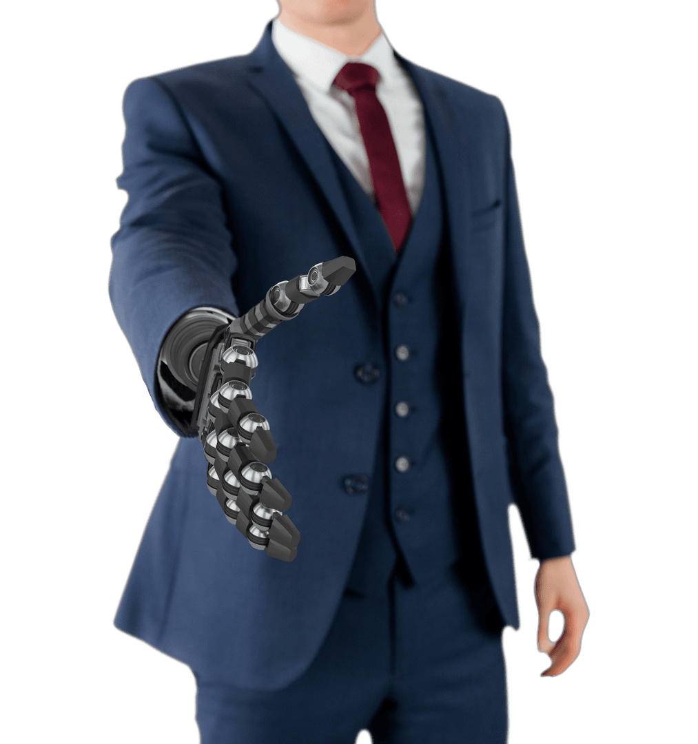 Transparent Businessman with Robotic Hand Offering Handshake
