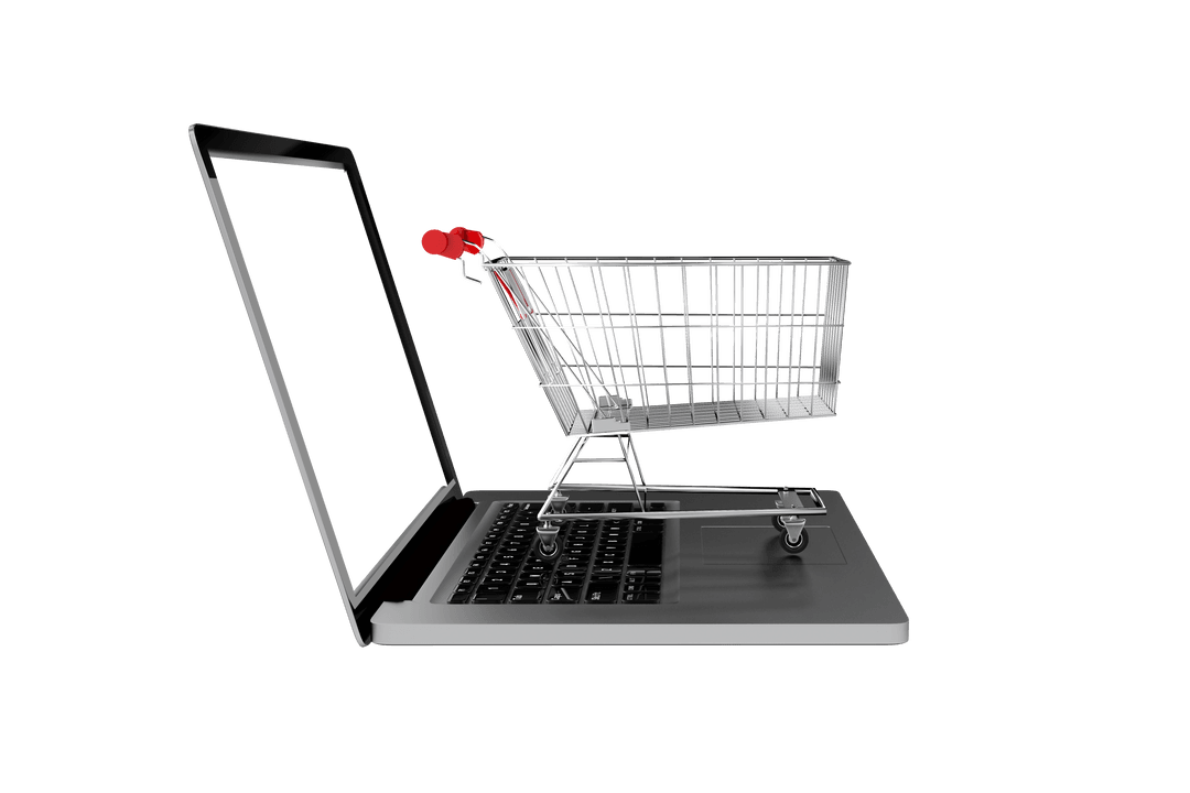 Digital Shopping Cart Emerging from Laptop on Transparent Background
