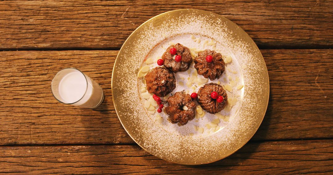 Festive Chocolate Muffins with Red Berries and Milk on Wooden Table - Free Images, Stock Photos and Pictures on Pikwizard.com