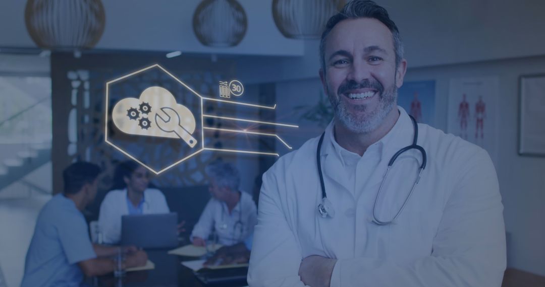 Confident Doctor Posing with Diverse Medical Team in Office Setting