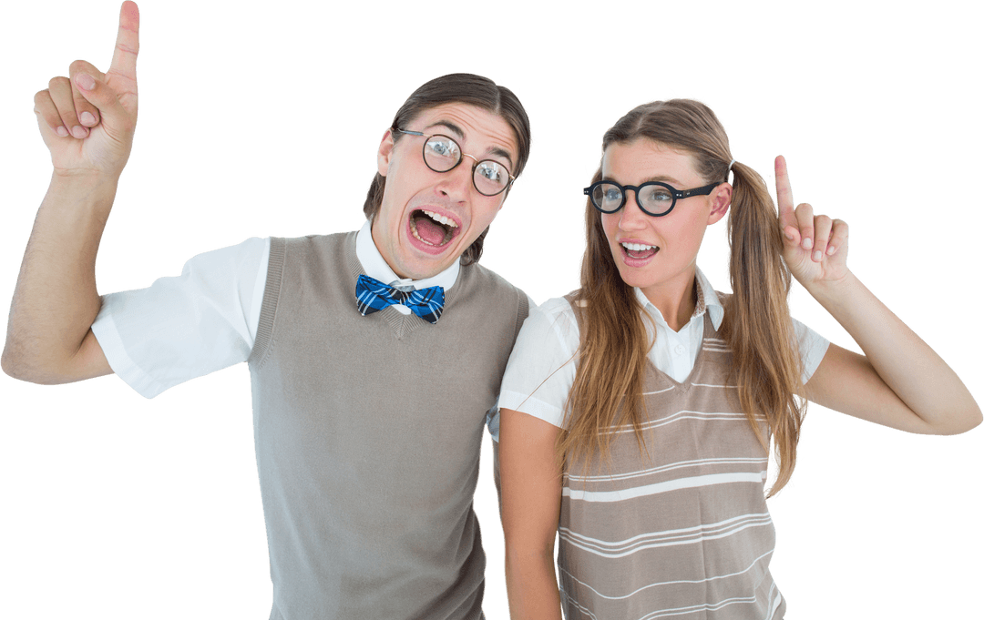 Excited Couple Pointing Upwards on Transparent Background