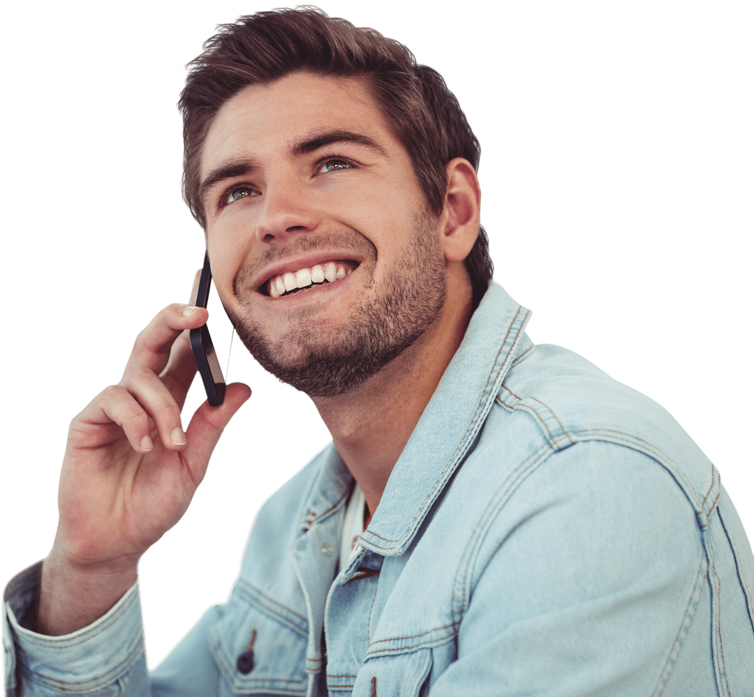 Smiling Young Man Calling Smart Phone on Transparent Background