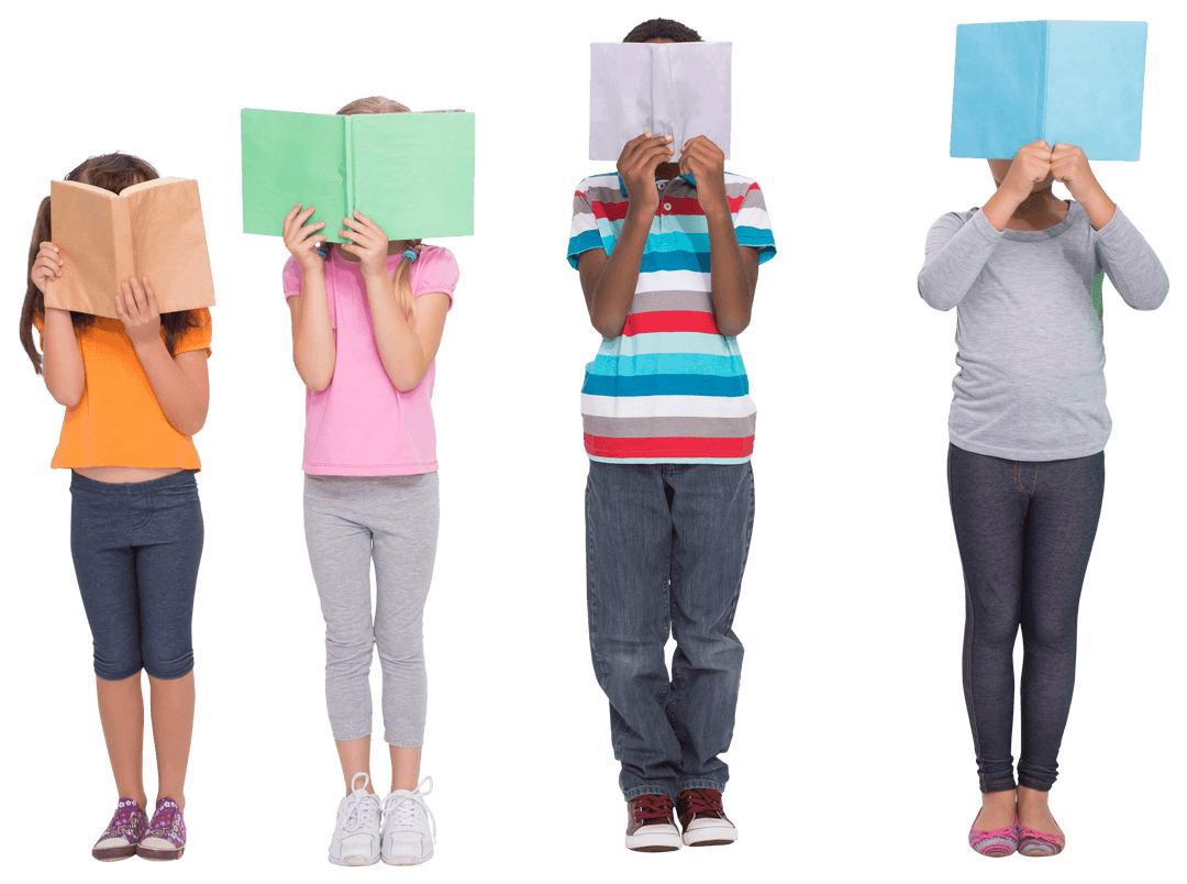 Diverse Children Covering Faces with Books on Transparent Background