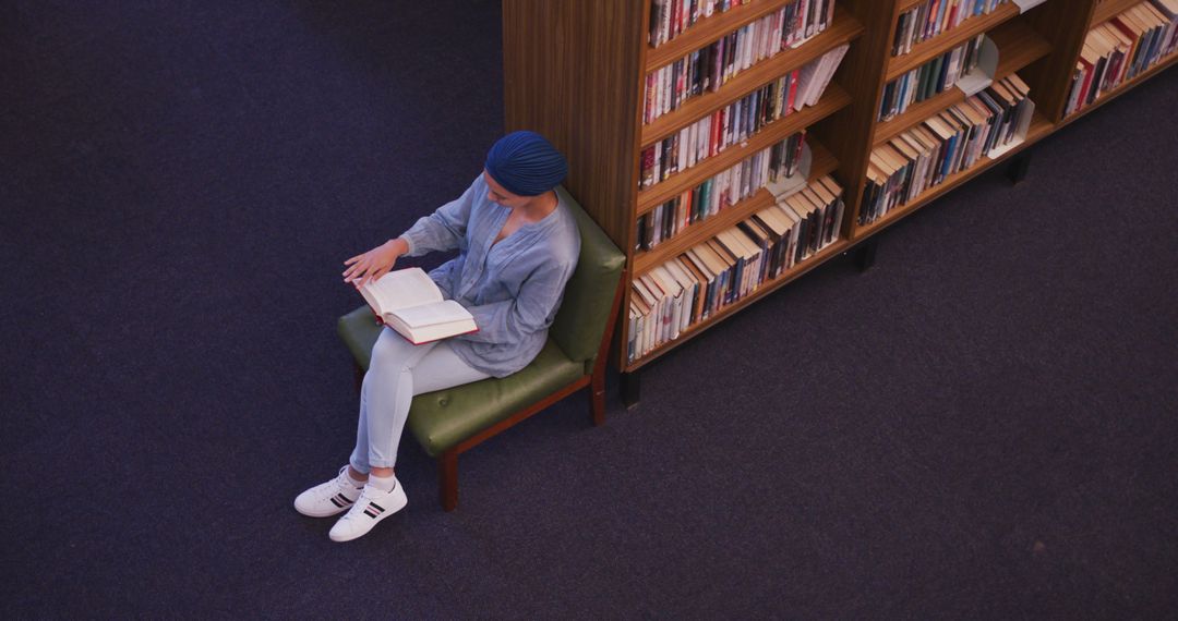 Top View of Woman Reading Book in Library Reserved Study Area - Free Images, Stock Photos and Pictures on Pikwizard.com