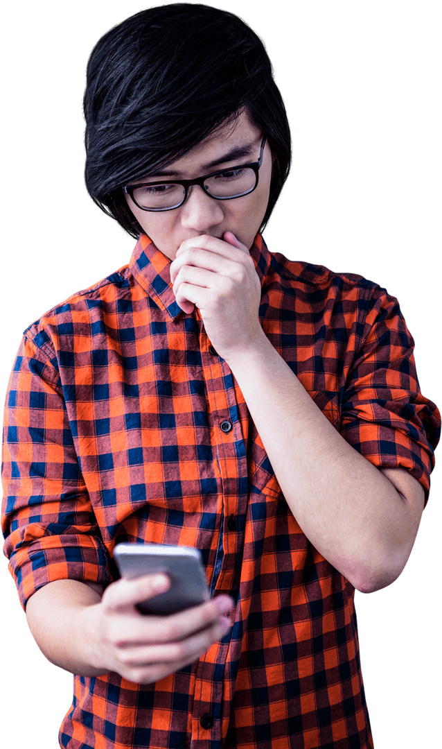 Young Teen Using Smartphone with Surprised Expression on Transparent Background