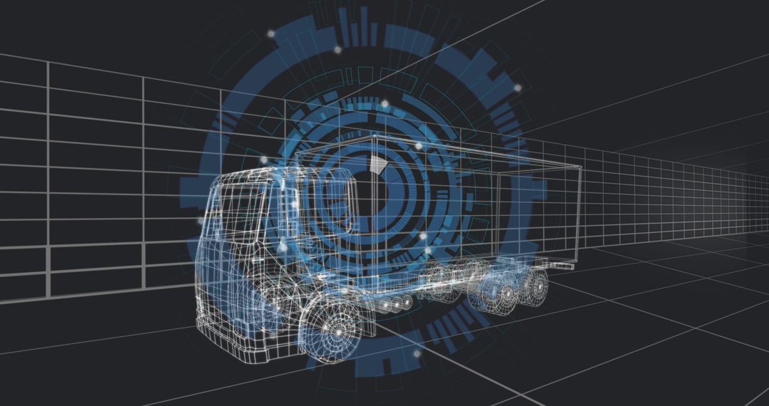 Wireframe Tractor-Trailer with Digital HUD Overlay for Autonomous Trucking Telematics Simulation