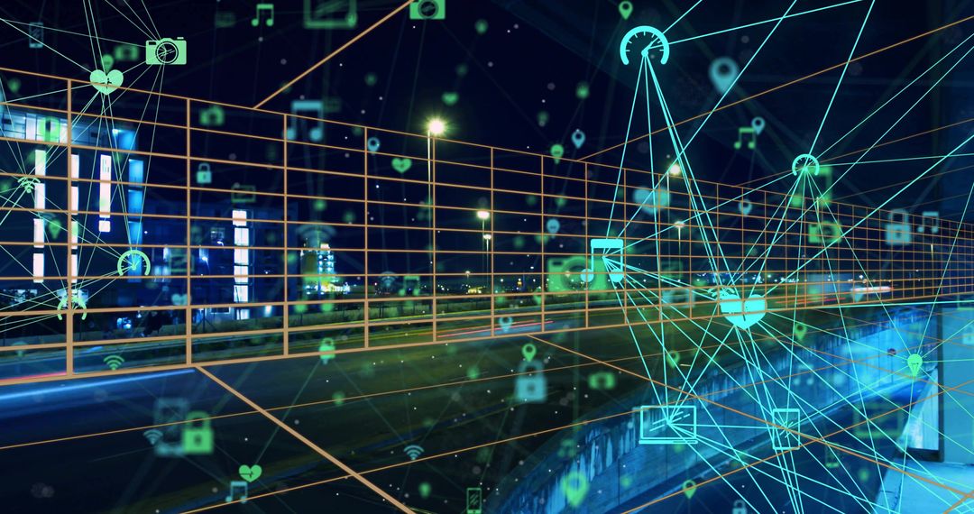 Futuristic Digital Network Overlay on Urban Highway at Night