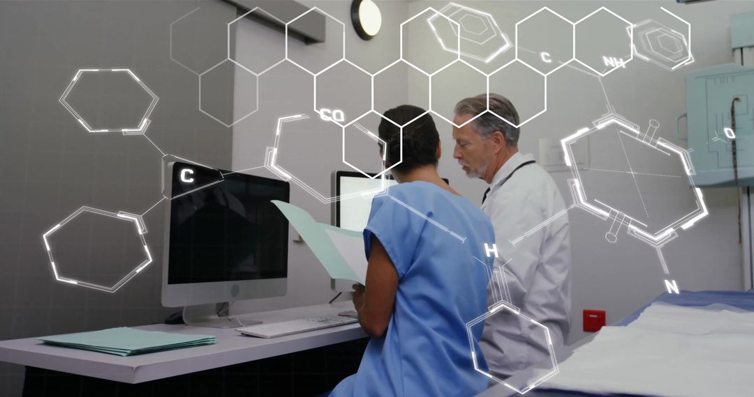 Scientists Analyzing Data with Digital Chemical Structures