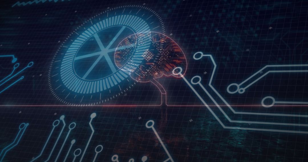 Futuristic Brain Network Display with Circuitry and Interface