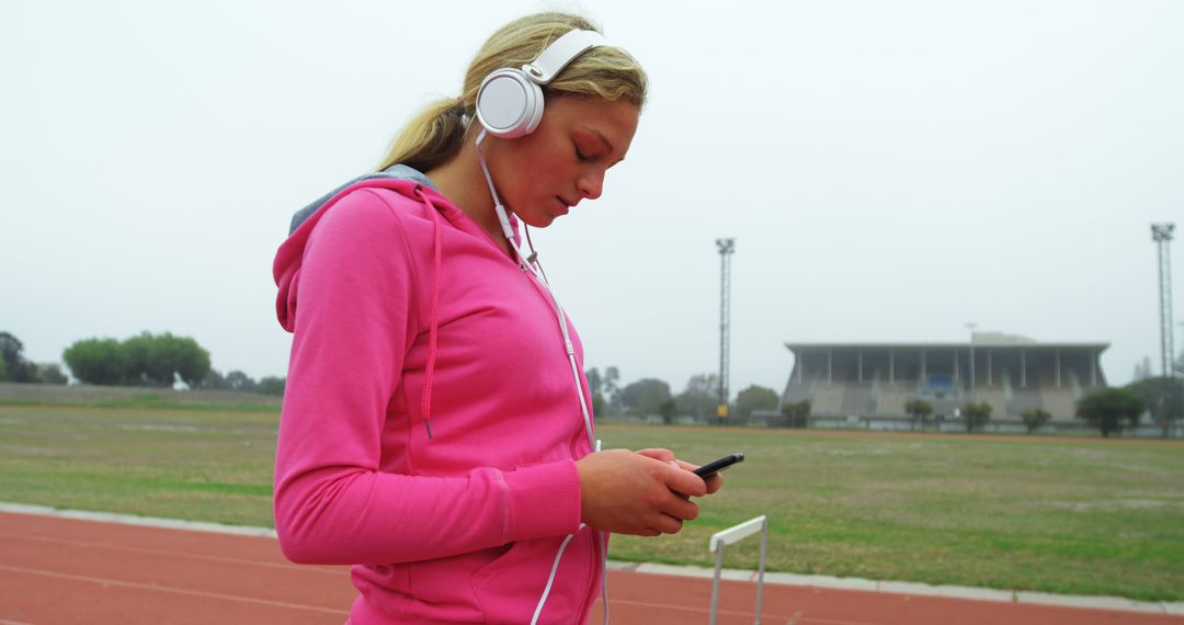 Young woman in pink hoodie listening to music during outdoor workout - Free Images, Stock Photos and Pictures on Pikwizard.com