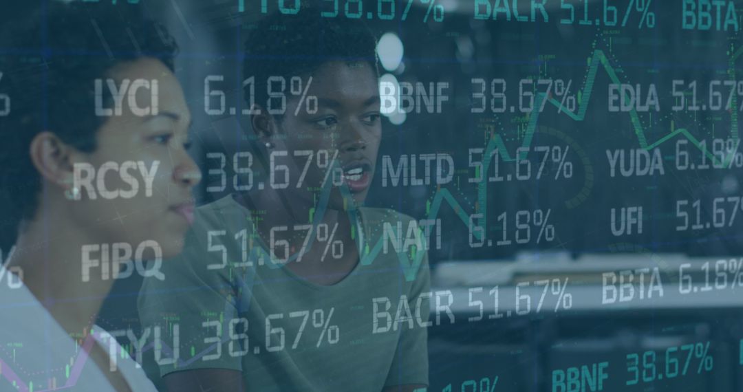 Diverse Team Collaborating with Stock Market Interface Overlay