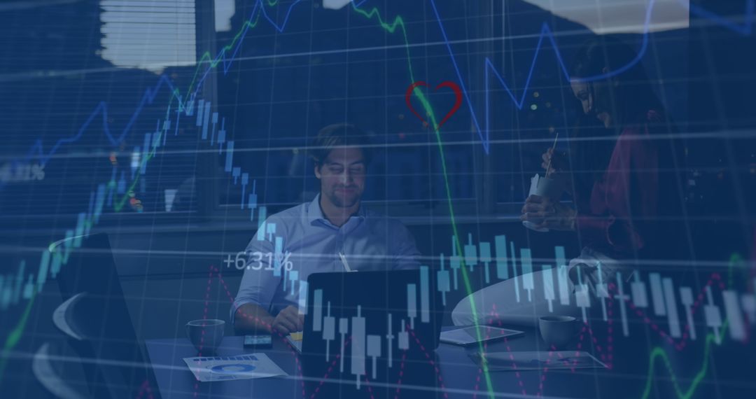 Diverse Business Team Enjoying Dinner with Financial Data Overlay