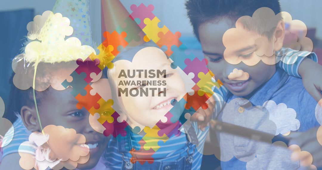 Autism Awareness Month Overlays with Happy Children and Symbolic Elements
