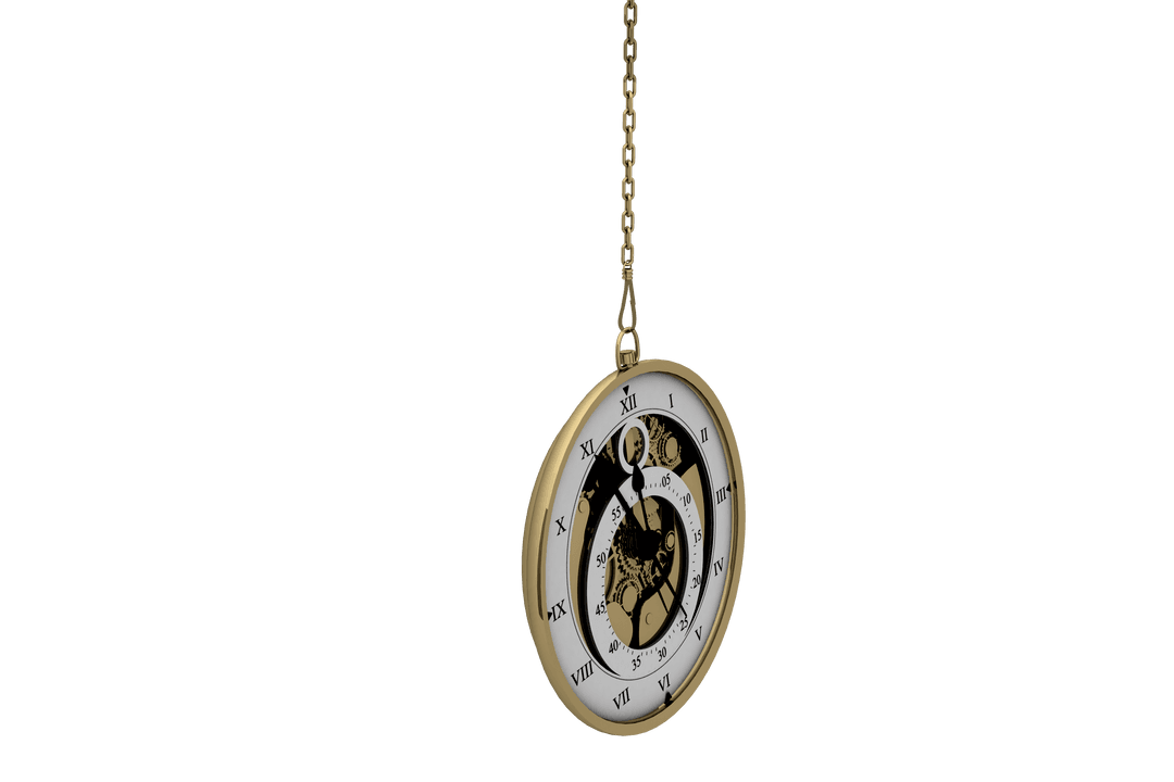 Antique Gold Pocket Watch with Roman Numerals on Transparent Background