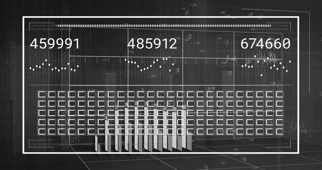 Monochrome Futuristic Data Dashboard HUD Displaying Numeric Readouts, Grid and 3D Wireframe