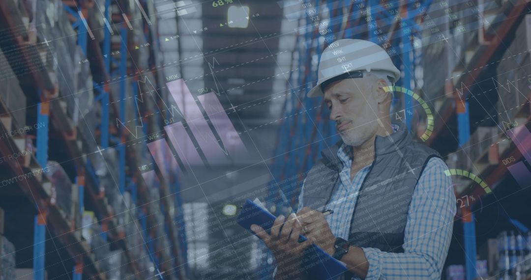 Warehouse Manager Analyzing Digital Stock Data in Storage Facility