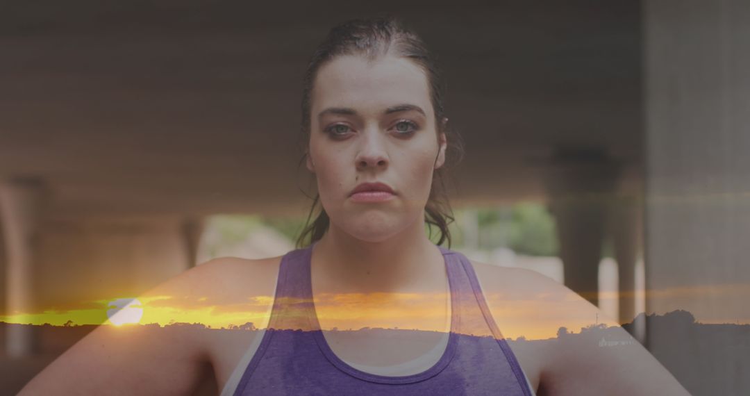 Determined Plus Size Woman Exercising at Sunset