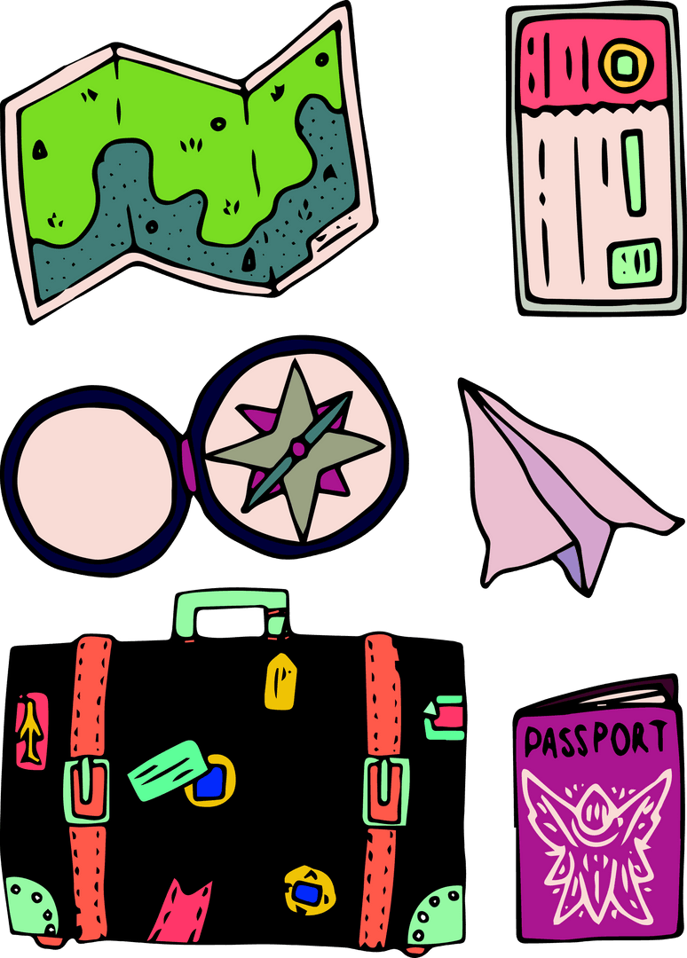 Transparent Travel Icons with Suitcase, Map, and Compass