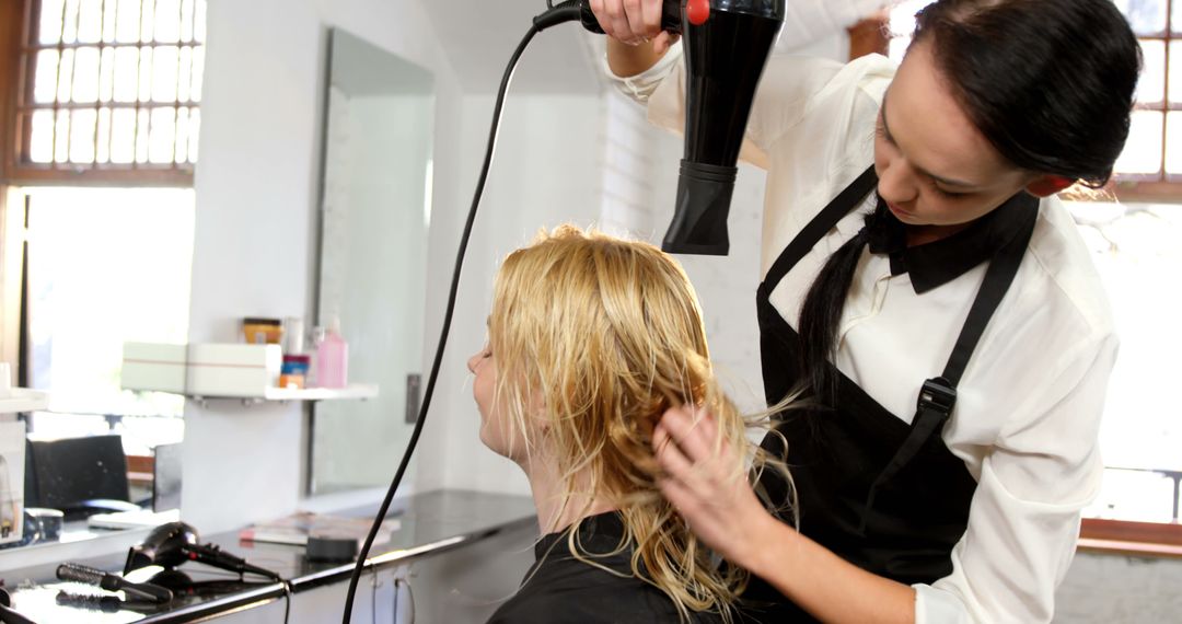 Hairdresser Drying Blonde Client’s Hair at Salon - Free Images, Stock Photos and Pictures on Pikwizard.com