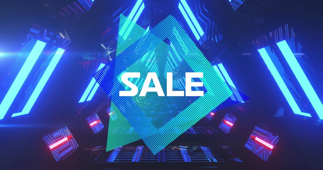 Digital Glitch Sale Banner in Futuristic Neon Tunnel