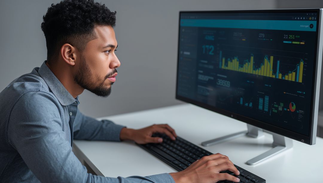 Focused Data Analyst Reviewing Real-Time Analytics at Modern Workspace
