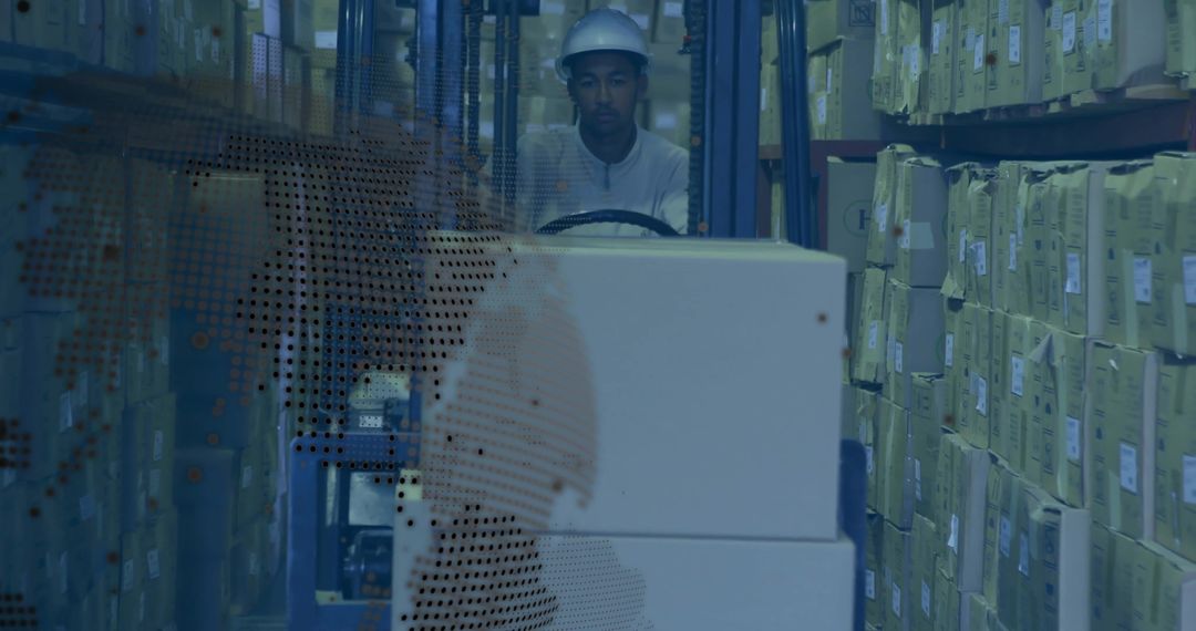 Forklift Operator Transporting Boxes in Warehouse Storage Aisle