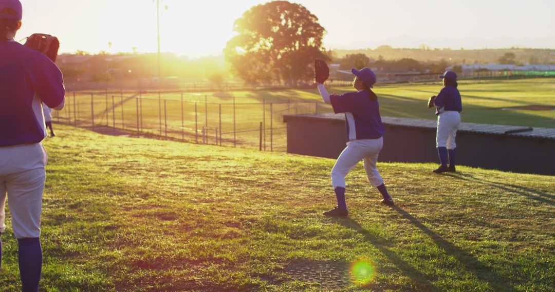 Youth Baseball Players Practicing in Sunlit Field During Sunset - Free Images, Stock Photos and Pictures on Pikwizard.com