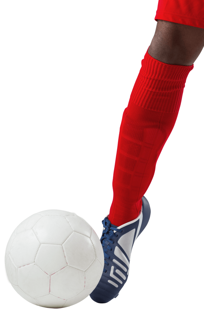 Transparent Soccer Player Kicking White Ball in Red Socks and Shoes