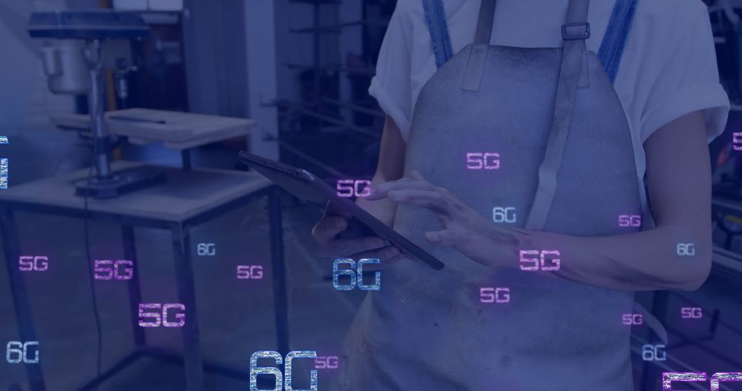 Woman in Apron Using Tablet with 5G and 6G Digital Overlays