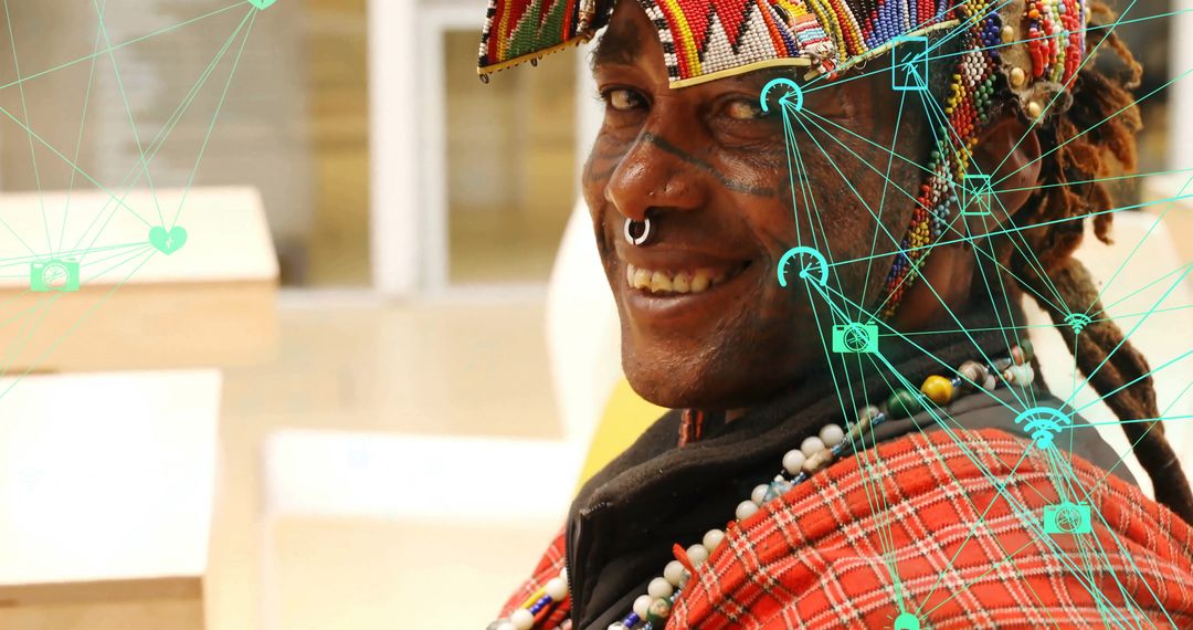 Smiling Man in Traditional Attire with Digital Connectivity Overlay