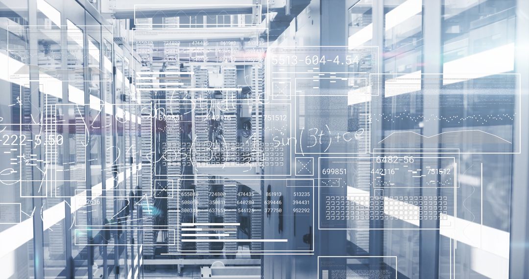 Futuristic Server Room with Holographic Code Overlays in Data Center