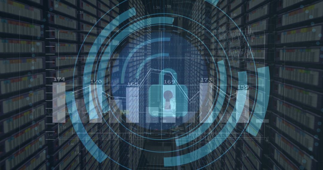 Cybersecurity Lock with Data Analytics in Server Room Background