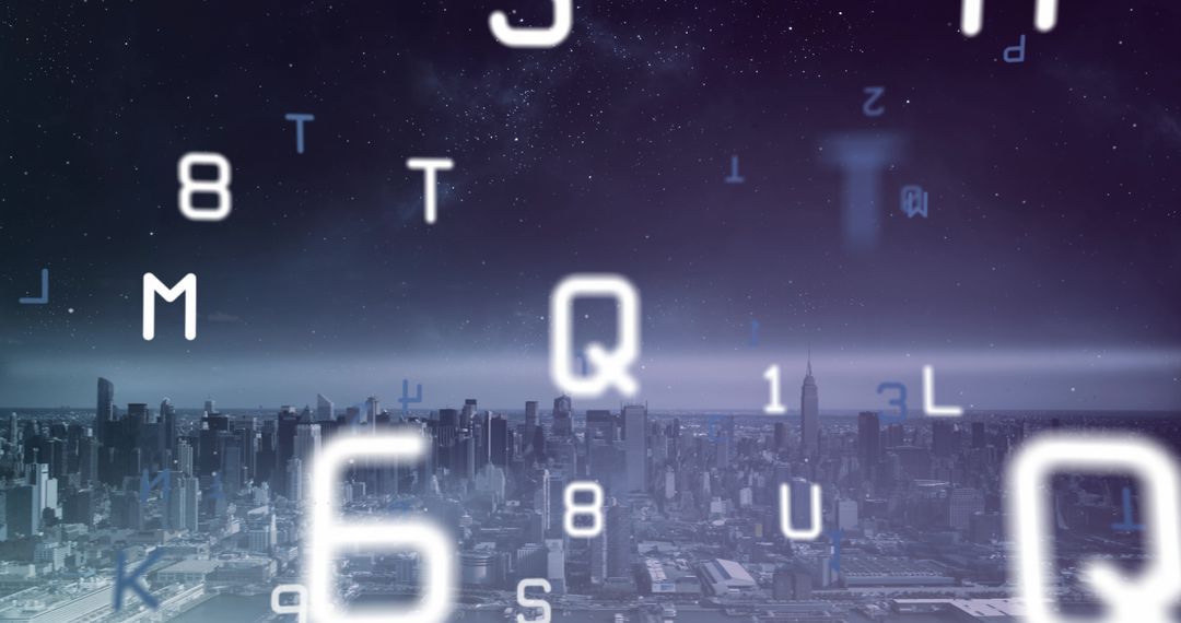 Futuristic Digital Numbers and Letters Over Cityscape
