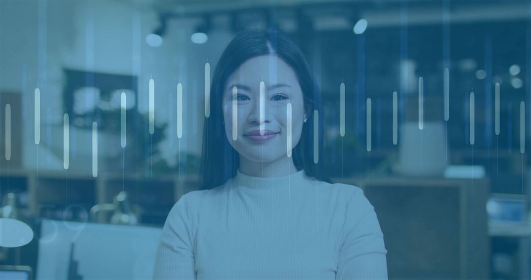 Asian Woman Analyzing Data Overlay in Modern Workspace