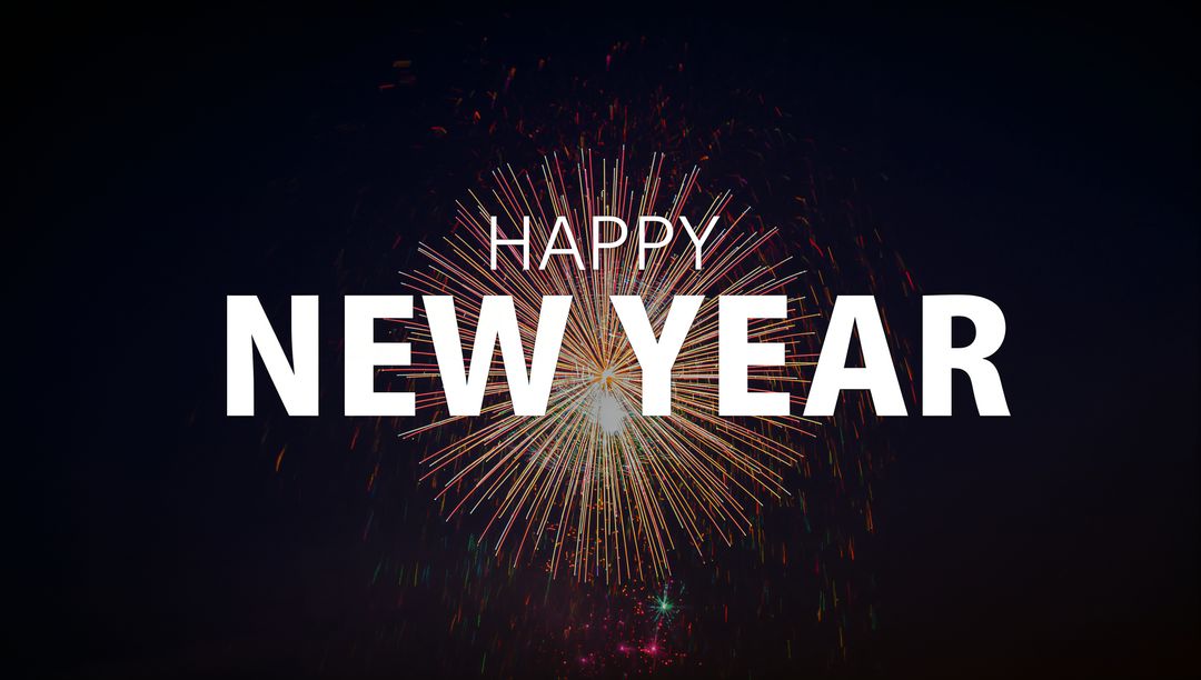 Happy New Year Firework Burst with Bold NEW YEAR Typography Over Dark Night Sky