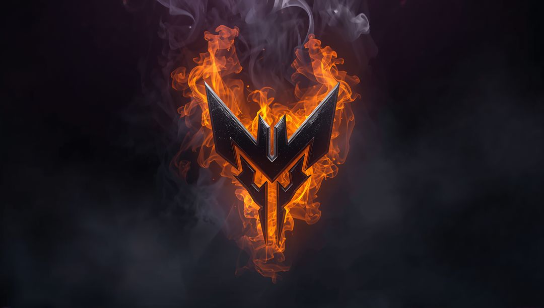 Futuristic Metallic Emblem with Fiery Flames and Smoke