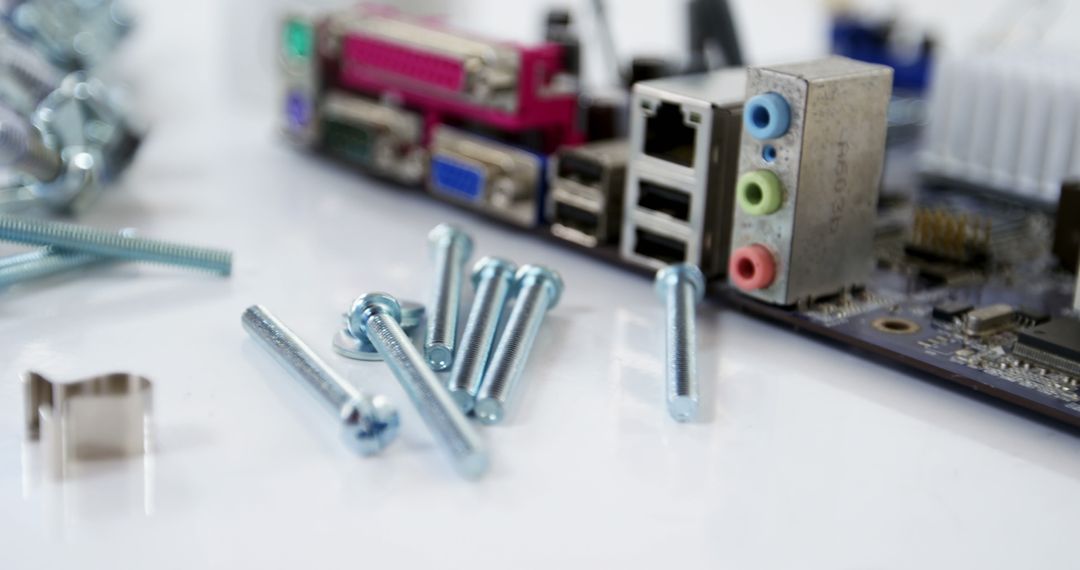 A close-up of computer screws with a blurred backdrop of PC components suggests repair work. - Free Images, Stock Photos and Pictures on Pikwizard.com
