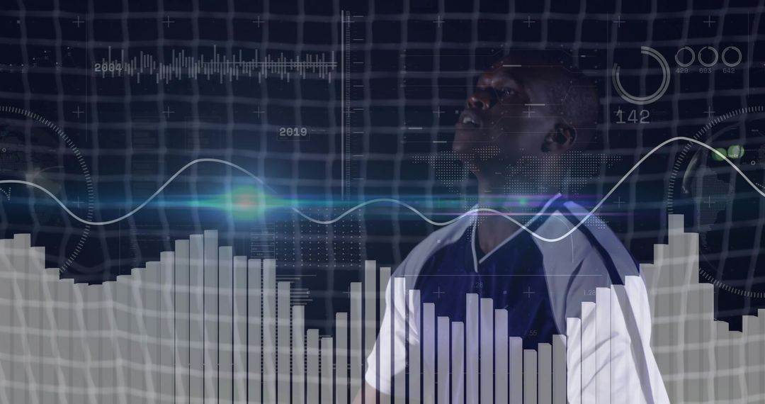 Futuristic Athlete Gazing at Digital Visualizations in Tech Lab