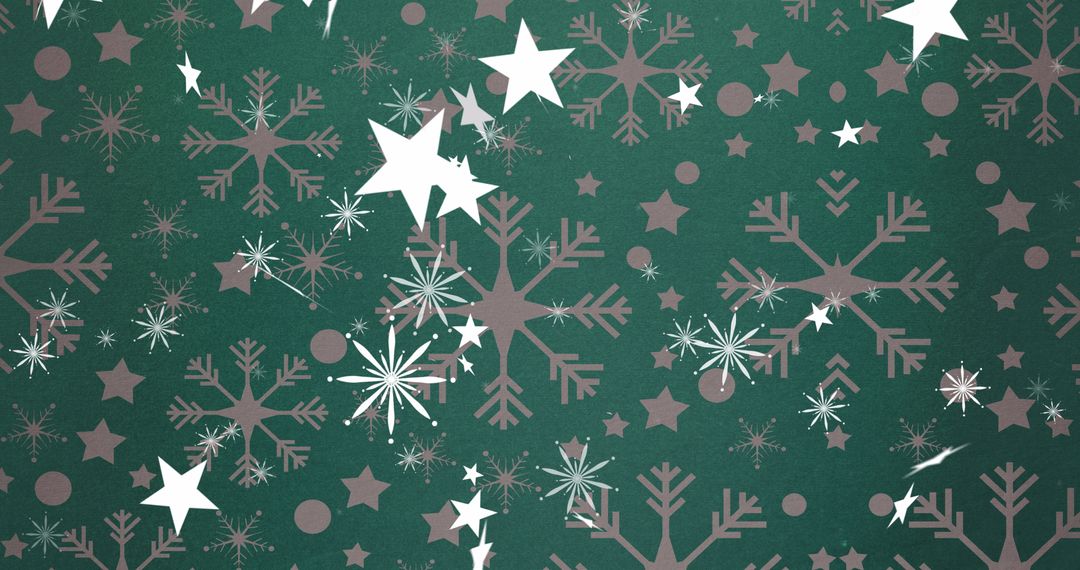 Falling Christmas Stars on Green with Snowflakes Background