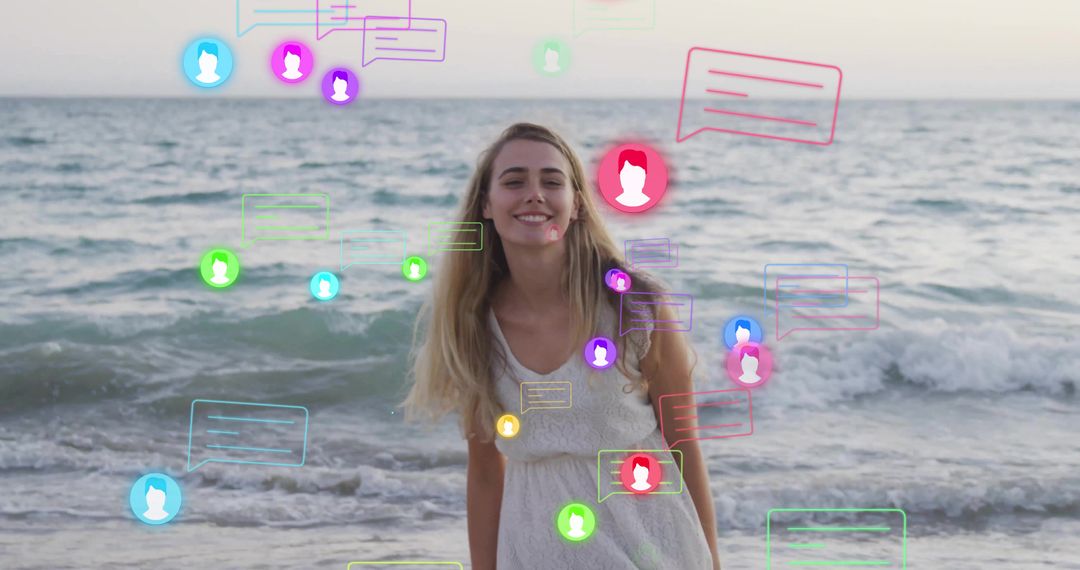 Smiling Woman Surrounded by Digital Chat Bubbles on Beach