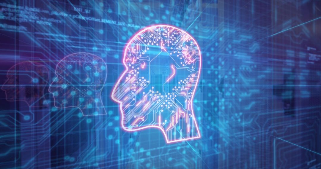 Neon Head Silhouette with Circuit Design in Digital Space