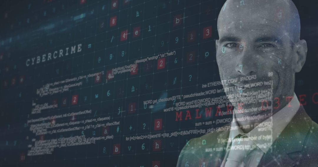 Businessman Surrounded by Digital Code Representing Cybersecurity Challenges