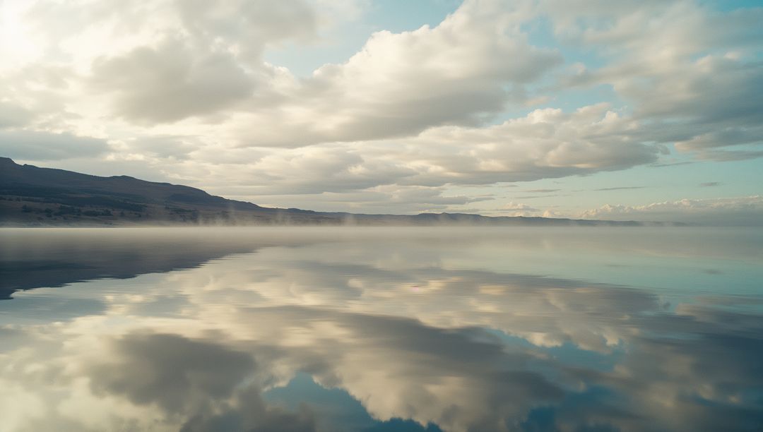 Serene Lake Reflection in Misty Landscape with Cloudy Sky