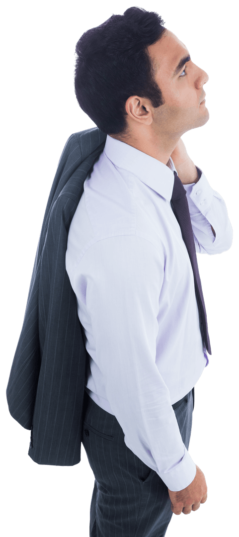 Businessman Holding Jacket Looking Up on Transparent Background