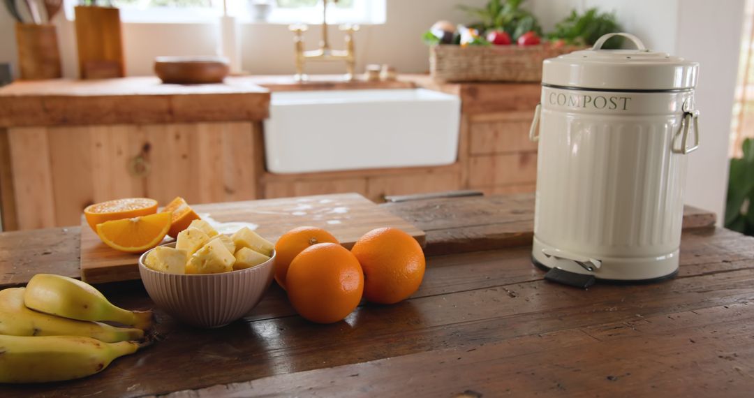 Eco-Friendly Kitchen with Compost Bin and Fresh Produce