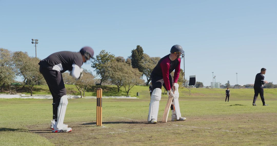 Cricket Players Practicing with Intensity on a Sunny Day