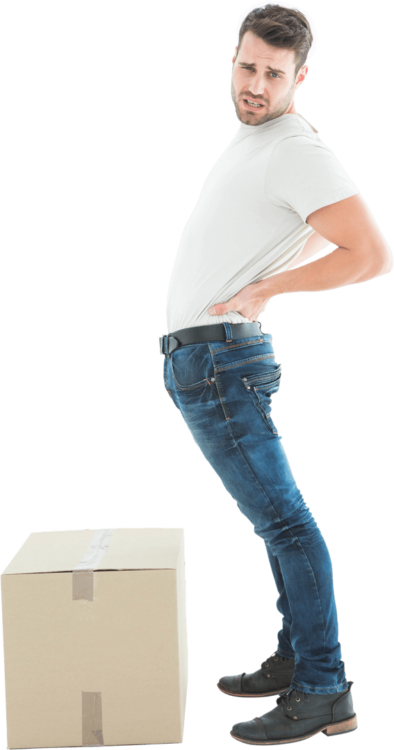 Transparent male delivery worker experiencing back pain with box