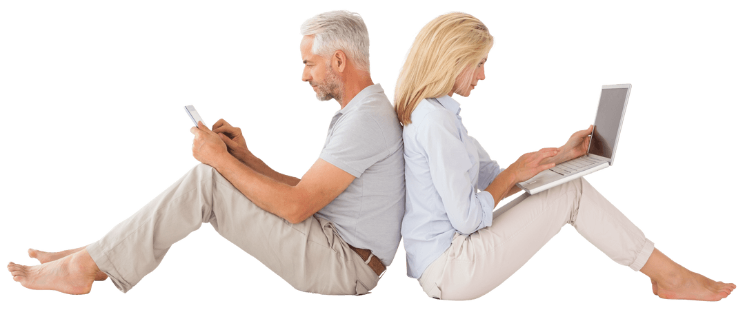 Transparent Caucasian Couple Using Devices Back-to-Back