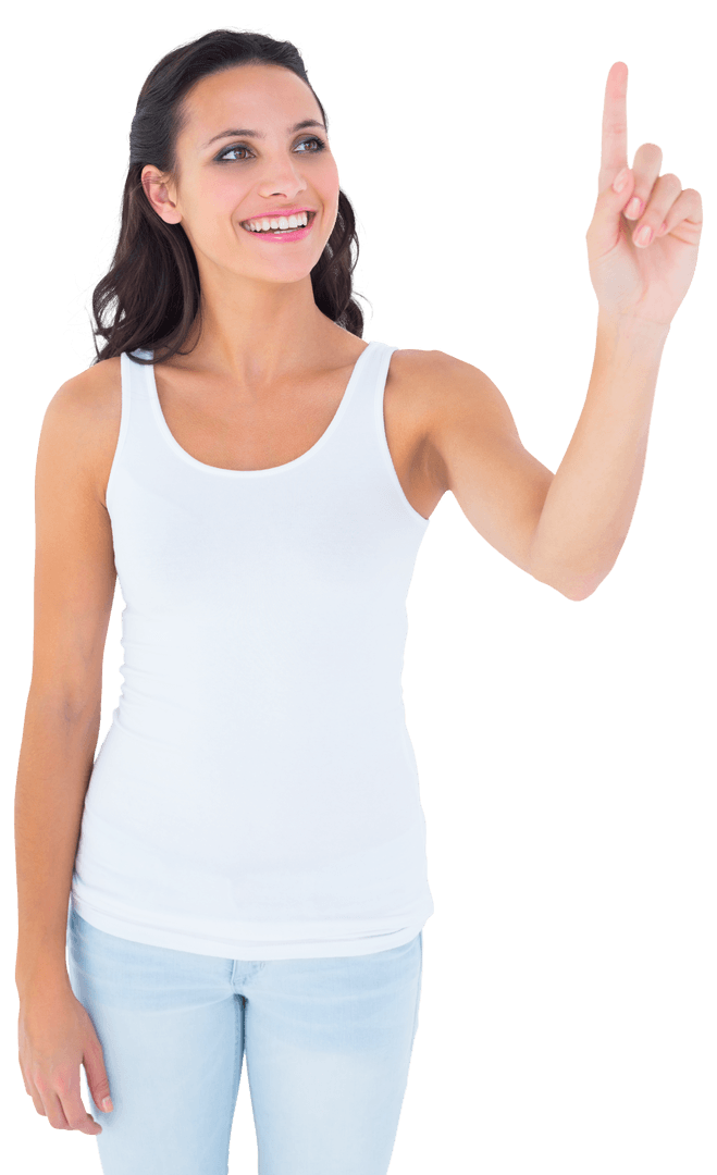 Smiling Woman in White Tank Top Pointing on Transparent Background